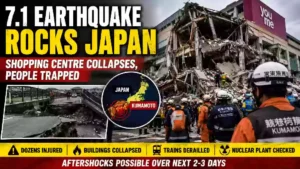 Emergency rescue teams respond after a 7.1-magnitude earthquake collapsed part of a shopping centre in Kumamoto, Japan, causing widespread damage and trapping people beneath the rubble.