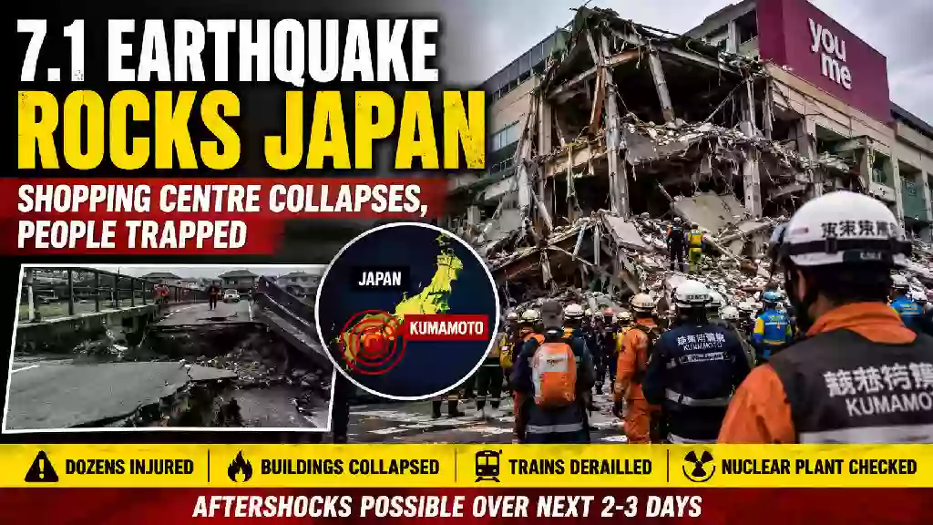 Emergency rescue teams respond after a 7.1-magnitude earthquake collapsed part of a shopping centre in Kumamoto, Japan, causing widespread damage and trapping people beneath the rubble.