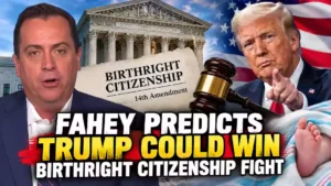 Jonathan Fahey and Donald Trump featured in a political news graphic about the birthright citizenship legal battle, with the U.S. Supreme Court, 14th Amendment and American flag in the background.