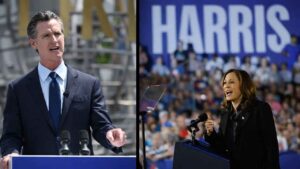 Gavin Newsom alongside Kamala Harris.