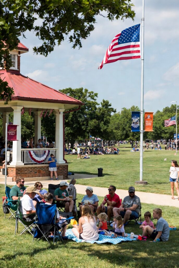 Families enjoying recreation and July 4th celebration in Ponca City Oklahoma park