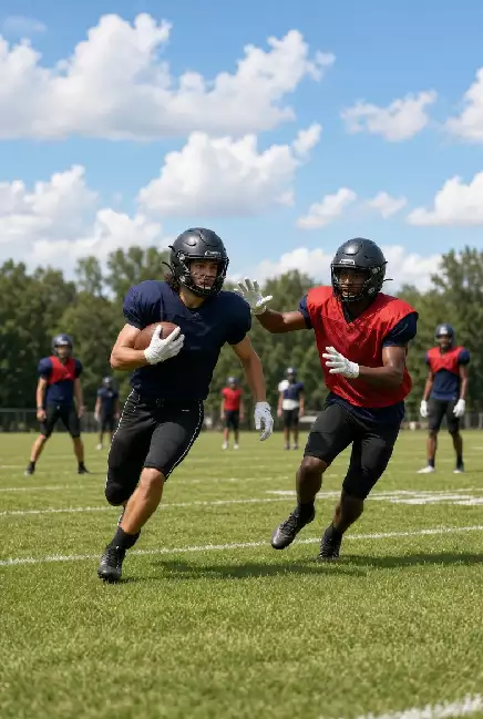 Vertical photo of high school football players practicing on the field in Ponca City Oklahoma