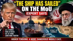 Donald Trump and Iran’s Supreme Leader depicted in a dramatic U.S.-Iran crisis thumbnail featuring warships, an oil tanker, explosions, the Strait of Hormuz and the headline “The Ship Has Sailed” on the Iran MoU.