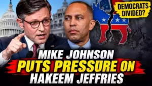 Mike Johnson and Hakeem Jeffries face a political clash as Democratic Party divisions deepen in Congress, with the U.S. Capitol and a cracked Democratic donkey symbol in the background.