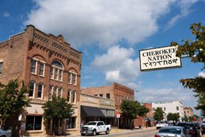 Downtown Tahlequah Oklahoma, capital of the Cherokee Nation, on a sunny day