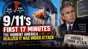 9/11 first 17 minutes thumbnail showing the World Trade Center towers, a clock marking 8:46 and 9:03, President George W. Bush, and headlines about America realizing it was under attack on September 11, 2001.