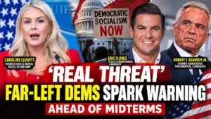 Caroline Leavitt, Eric Flores and Robert F. Kennedy Jr. featured in a political news thumbnail about Republican warnings over socialist influence and far-left Democrats ahead of the 2026 midterm elections.