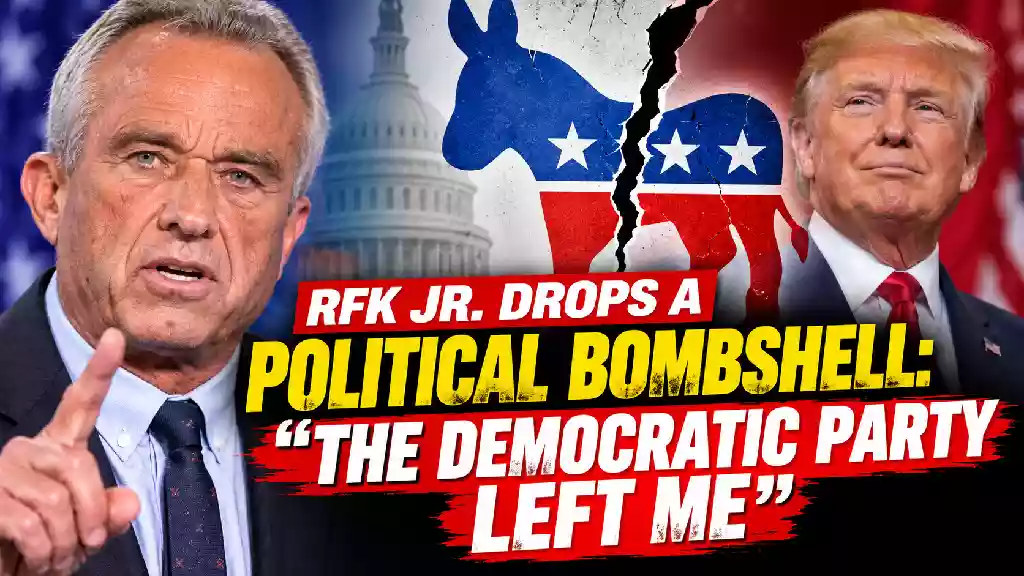 Robert F. Kennedy Jr. and Donald Trump featured in a political news graphic as RFK Jr. says the Democratic Party left him