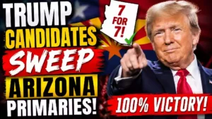 Donald Trump featured in a YouTube thumbnail celebrating a clean sweep by Trump-endorsed Republican candidates in the Arizona GOP primaries, highlighting seven primary victories and growing Republican momentum ahead of the November election.