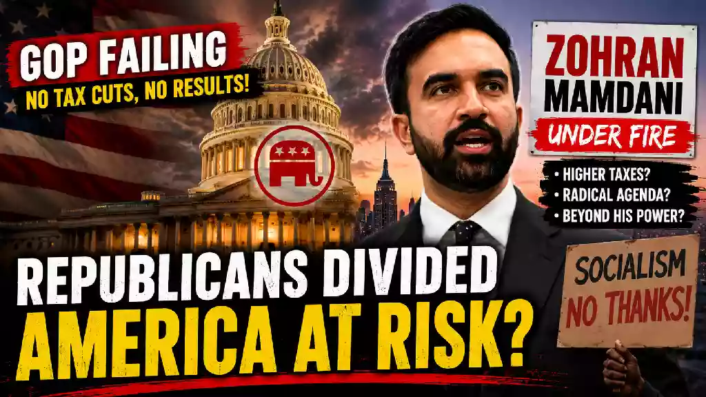 Political YouTube thumbnail featuring Zohran Mamdani beside the U.S. Capitol with bold headlines highlighting Republican divisions, legislative gridlock, and criticism of progressive policies ahead of the New York mayoral race.