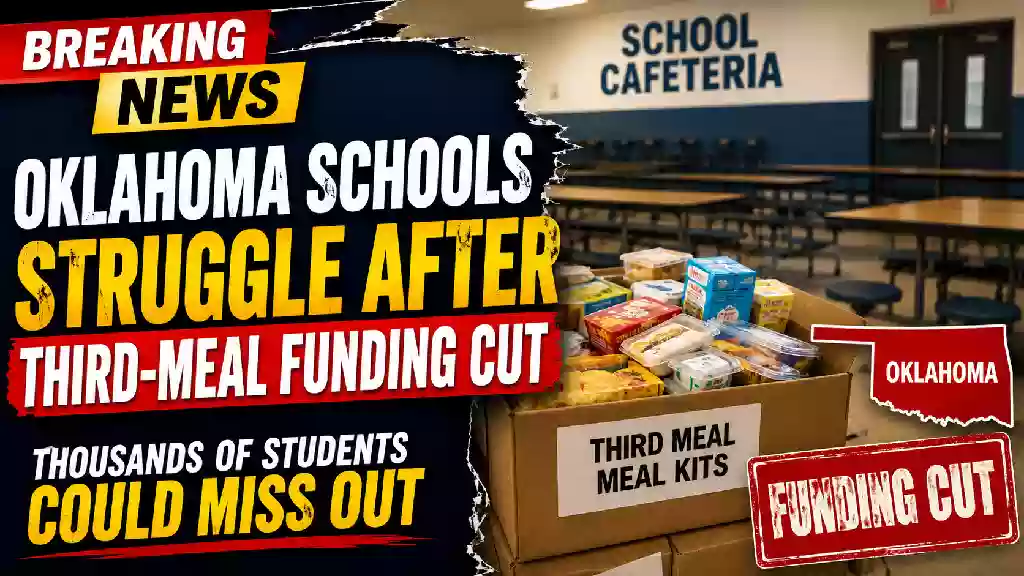 Oklahoma schools struggle after third-meal funding cut, with school meal kits shown in an empty cafeteria