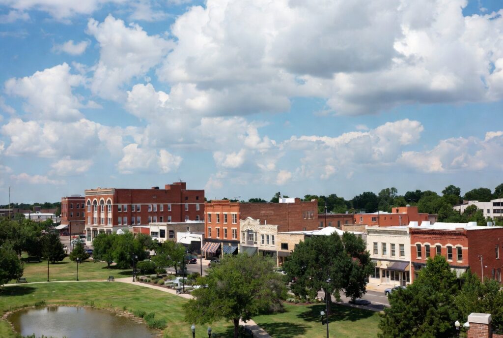 Downtown Chickasha Oklahoma with park and community views on a sunny day