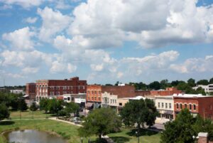 Downtown Chickasha Oklahoma with park and community views on a sunny day