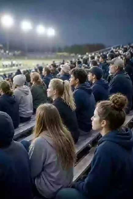 Vertical photo of fans watching a high school football game under the lights in Chickasha