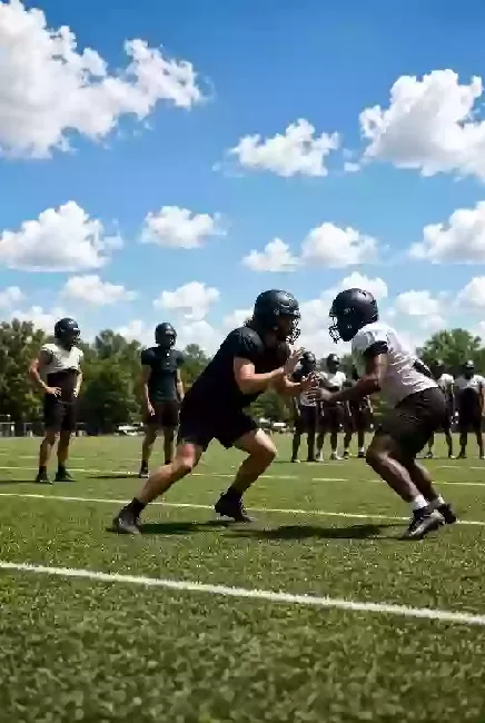 Vertical photo of high school football players practicing on the field in Duncan Oklahoma