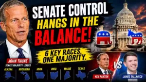 2026 Senate midterm elections thumbnail showing the U.S. Capitol, Republican and Democratic symbols, balance scale, six key battleground states, and a Texas Senate race matchup