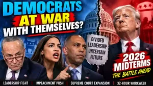 Democrats divided ahead of 2026 midterm elections as Chuck Schumer, Alexandria Ocasio-Cortez and Hakeem Jeffries face off politically, with Donald Trump featured alongside a split U.S. Capitol