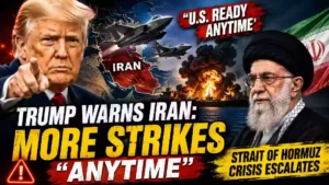 Donald Trump warns Iran of more U.S. strikes as tensions escalate around the Strait of Hormuz, with fighter jets, Iranian leadership, explosions and a map of Iran shown in a dramatic news thumbnail.