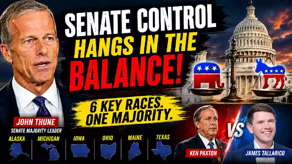 2026 Senate midterm elections thumbnail showing the U.S. Capitol, Republican and Democratic symbols, balance scale, six key battleground states, and a Texas Senate race matchup