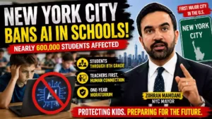 New York City AI school ban affecting nearly 600,000 students, featuring NYC Mayor Zohran Mamdani, a student using a laptop with a banned AI symbol, and a classroom background highlighting the one-year AI moratorium through eighth grade.