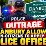 Danbury Connecticut police hiring controversy over DACA recipients and non-citizen applicants, featuring police officer, American flag and city sign