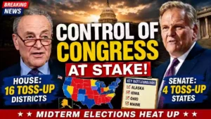 Chuck Schumer and political commentator Bill Hames featured in a YouTube thumbnail highlighting the 2026 U.S. midterm elections, with the U.S. Capitol, House and Senate battleground races, and key states including Alaska, Iowa, Ohio, and Maine.