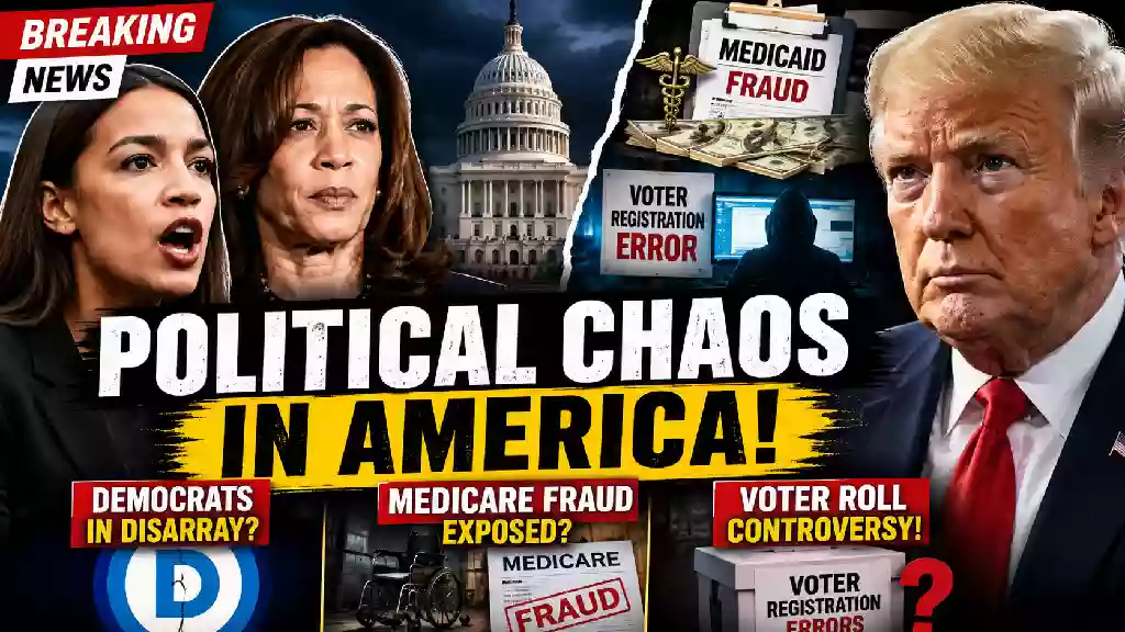 Political news thumbnail featuring Donald Trump, Kamala Harris, Alexandria Ocasio-Cortez, U.S. Capitol, Medicare fraud documents, voter registration controversy, and Democratic Party divisions.