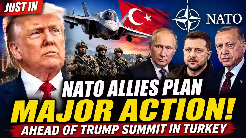 President Donald Trump featured alongside NATO leaders, Vladimir Putin, Volodymyr Zelensky, Recep Tayyip Erdoğan, an F-35 fighter jet, NATO logo, and Turkish flag in a breaking news thumbnail about NATO allies preparing major defense agreements ahead of the Trump NATO summit in Turkey.