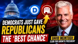 David McIntosh discusses Democratic infighting, Republican election strategy, and the upcoming U.S. midterm elections in a breaking political news thumbnail.