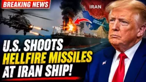 U.S. military helicopter launches Hellfire missiles toward a cargo ship near the Strait of Hormuz as President Donald Trump appears beside a map of Iran in a breaking news thumbnail about escalating U.S.-Iran tensions.