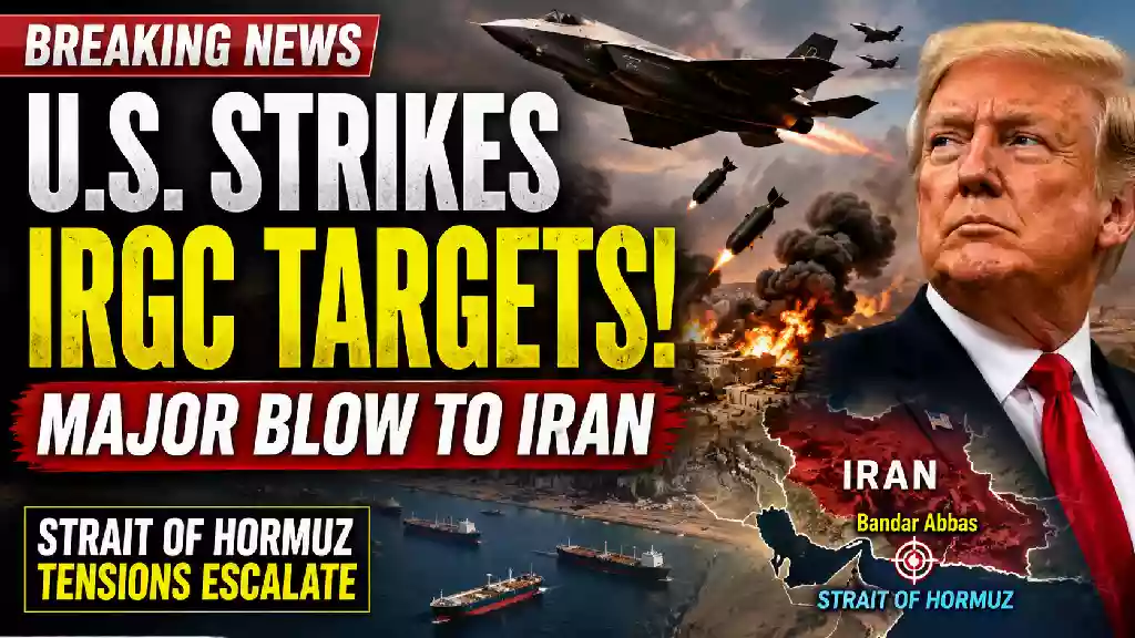 "YouTube thumbnail showing U.S. airstrikes targeting Iranian IRGC infrastructure near Bandar Abbas, with President Donald Trump, fighter jets, explosions, cargo ships in the Strait of Hormuz, and a map of Iran highlighting escalating Middle East tensions."