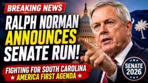 Ralph Norman announces his campaign for the U.S. Senate in South Carolina during a political campaign event, with the U.S. Capitol and South Carolina state flag featured in a breaking news-style graphic highlighting his Senate bid and support for the America First agenda.