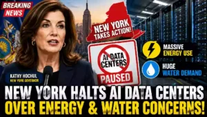 YouTube thumbnail showing New York Governor Kathy Hochul alongside a modern AI data center, highlighting New York's temporary pause on large AI data center approvals due to growing concerns over electricity demand, water consumption, and environmental impact.