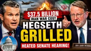 Pete Hegseth and Senator Gary Peters during a heated Senate hearing on Pentagon funding as graphics highlight the reported $37.5 billion cost of the Iran war alongside military aircraft, an explosion, and the Iranian flag.