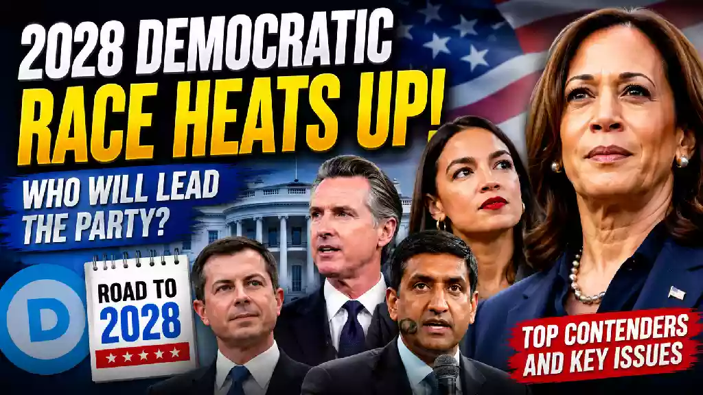 2028 Democratic presidential race YouTube thumbnail featuring Kamala Harris, Alexandria Ocasio-Cortez (AOC), Gavin Newsom, Pete Buttigieg, and Ro Khanna with the White House and American flag in the background, highlighting early Democratic contenders for the 2028 U.S. presidential election.