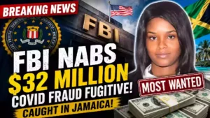 FBI headquarters with a “Breaking News” banner, an alleged COVID-19 relief fraud suspect, stacks of cash, and a Jamaica backdrop illustrating the arrest of a fugitive accused of a $32 million pandemic relief fraud scheme.