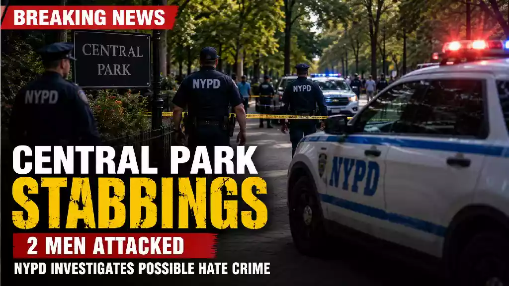 Central Park crime scene with NYPD officers and police vehicles investigating two separate stabbings in New York City as detectives examine a possible hate crime.