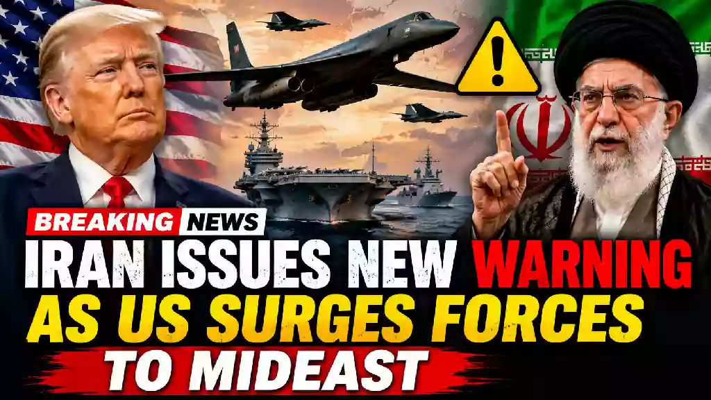 Donald Trump and Iran's Supreme Leader Ayatollah Ali Khamenei featured in a breaking news YouTube thumbnail illustrating rising U.S.-Iran tensions, with a B-1 bomber, U.S. Navy aircraft carrier, fighter jets, and military forces symbolizing increased American deployments in the Middle East following Iran's warning of retaliation.