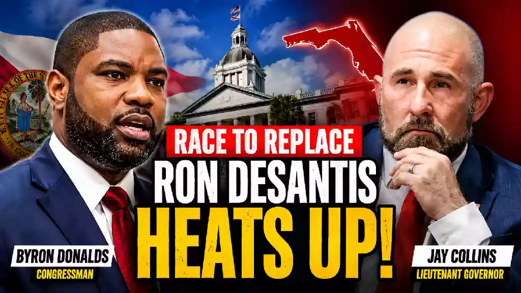 Florida Republican gubernatorial candidates Byron Donalds and Jay Collins appear in a political news thumbnail highlighting the race to replace Governor Ron DeSantis, with the Florida State Capitol and state imagery in the background.