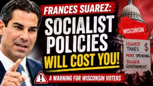 Francis Suarez warning about the potential cost of progressive policies and higher taxes in Wisconsin, with Wisconsin Capitol imagery