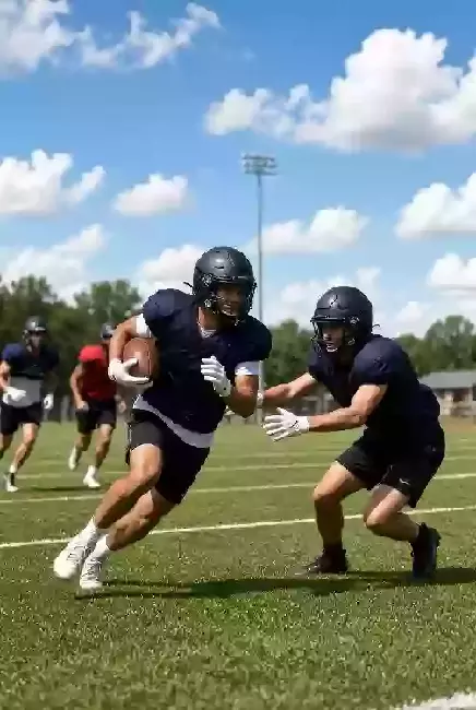Vertical photo of high school football players practicing on the field in Sequoyah County Oklahoma