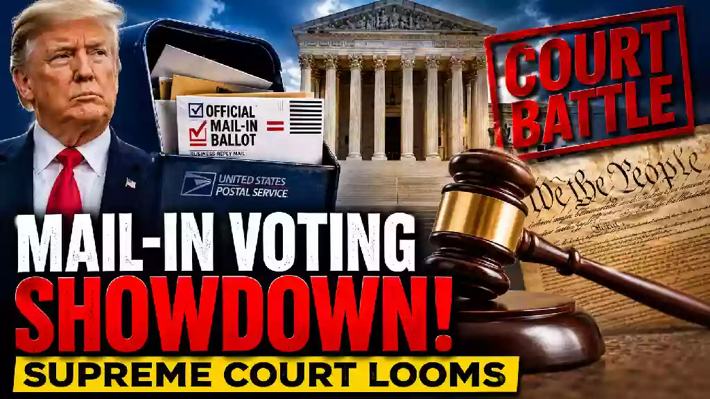 Donald Trump and a U.S. Postal Service mailbox with mail-in ballots in front of the Supreme Court, highlighting the ongoing legal battle over Trump’s mail-in voting rules and election regulations.