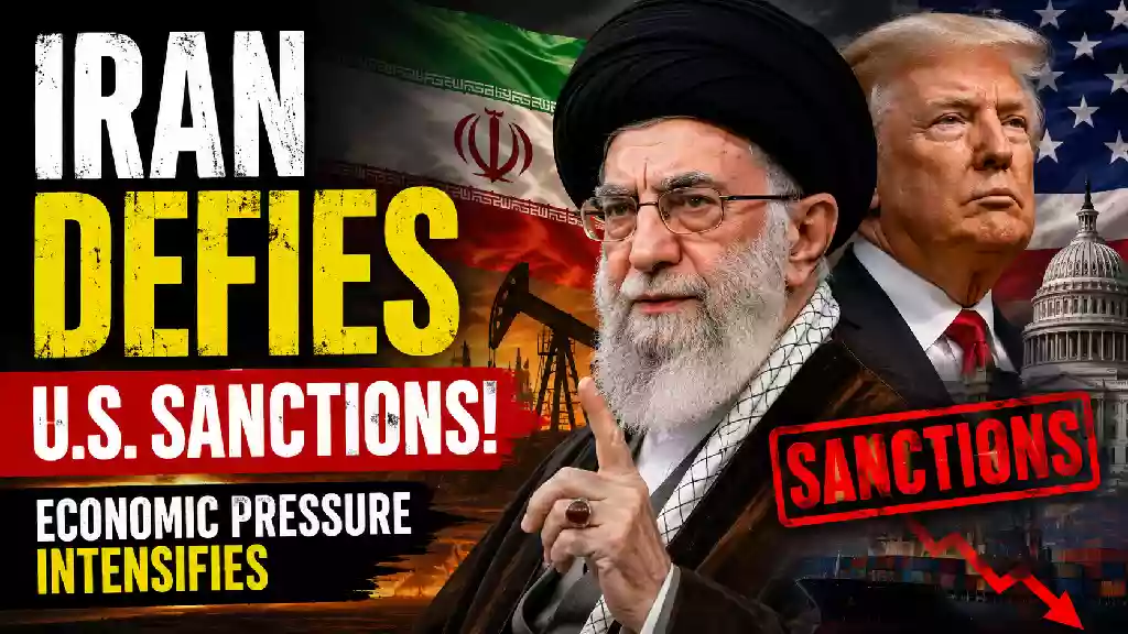 Iran defies U.S. sanctions as economic pressure intensifies, featuring Iran’s Supreme Leader, Donald Trump, Iranian and American flags, oil infrastructure, and a falling economic chart.