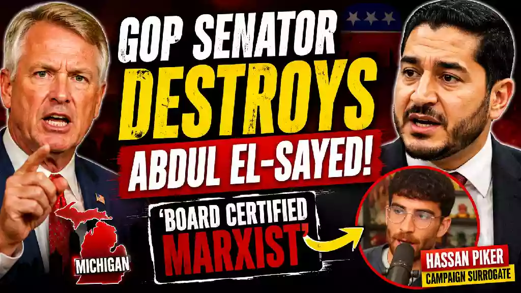 Roger Marshall and Abdul El-Sayed featured in a political YouTube thumbnail highlighting the Hassan Piker controversy and Michigan Democratic campaign