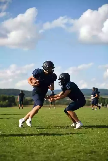 Vertical photo of high school football players practicing on the field in Seminole County Oklahoma
