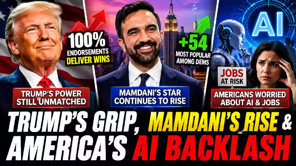 Donald Trump, Zohran Mamdani and artificial intelligence highlighted in a political news graphic about Trump’s GOP influence, Mamdani’s rising popularity and growing American concerns over AI and jobs.