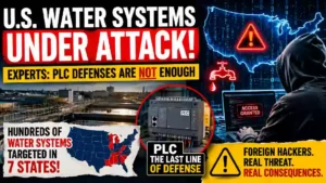 U.S. water systems under cyberattack as cybersecurity experts warn PLC defenses are not enough, with a hacker, water treatment facility, U.S. map, and programmable logic controller shown in a dramatic news graphic.