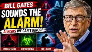 Bill Gates warning about artificial intelligence risks, featuring Gates alongside a futuristic AI robot and visuals representing cyberattacks, bioterrorism, and potential job losses.