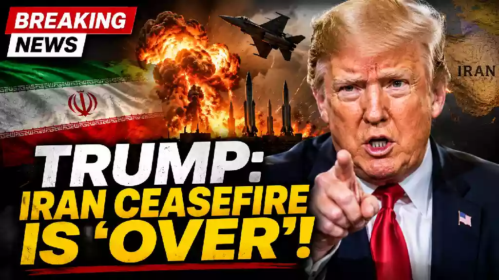 Donald Trump points toward the camera as explosions, missiles, and the Iranian flag appear in the background of a breaking news YouTube thumbnail about Trump's statement that the Iran ceasefire is over