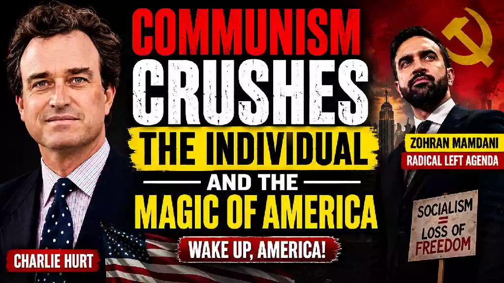 Charlie Hurt and Zohran Mamdani featured in a political YouTube thumbnail discussing communism, socialism, individual freedom, and America's political divide, with the Statue of Liberty and a communist symbol in the background.